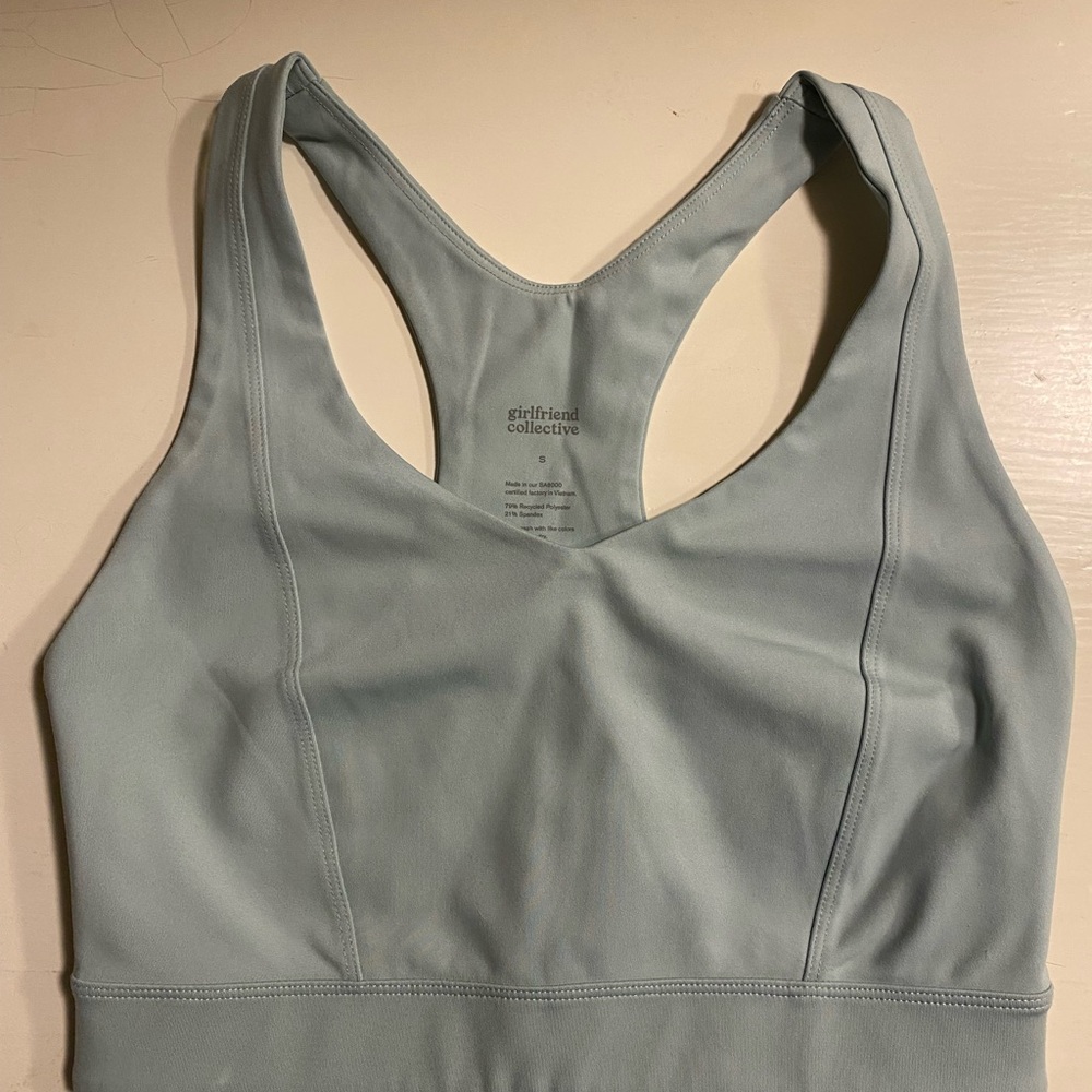 Girlfriend Collective “Glass” Slate Blue/Green Sports Bra